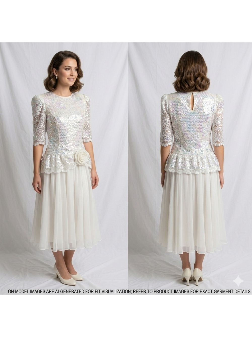 Vintage 80s Lisa Michaels Iridescent Sequin Ivory Peplum Cocktail Dress Petite 8